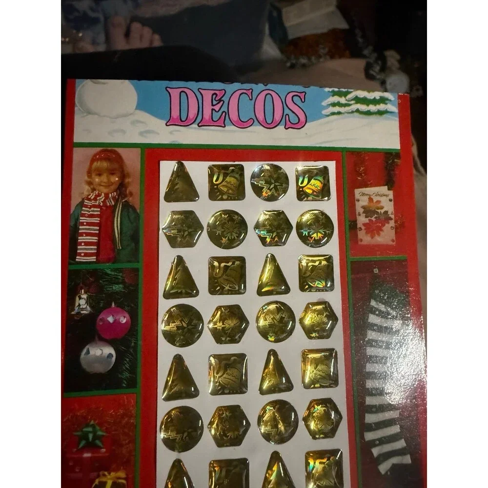 Vintage 1980s Christmas Holographic Stick-On Decos Sticker Sheet Taiwan NOS RARE